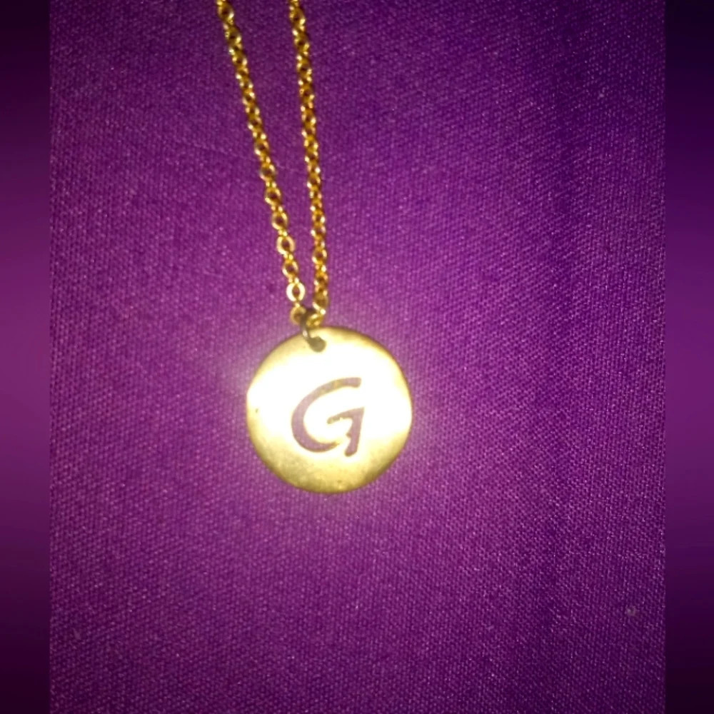 Engraved Gold Tone Metal Initial Letter Disc Pendant Chain Necklace 18.5in-2.5in